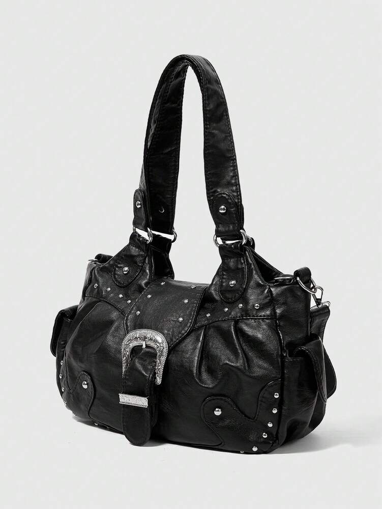 Women's Punk Rivet Decor PU Leather Shoulder Bag Grunge Motorcycle Style Fashion Handbag Casual Streetwear Work Party Daily Crossbody