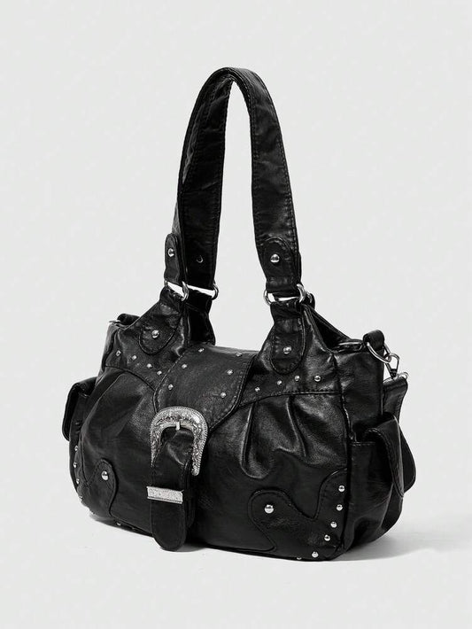 Women's Punk Rivet Decor PU Leather Shoulder Bag Grunge Motorcycle Style Fashion Handbag Casual Streetwear Work Party Daily Crossbody