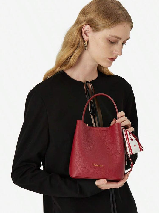 Women's Solid Color Cowhide Leather Bucket Bag With Silk Scarf Large Capacity Fashion Tote Handbag Work Business Commute Dating Purse