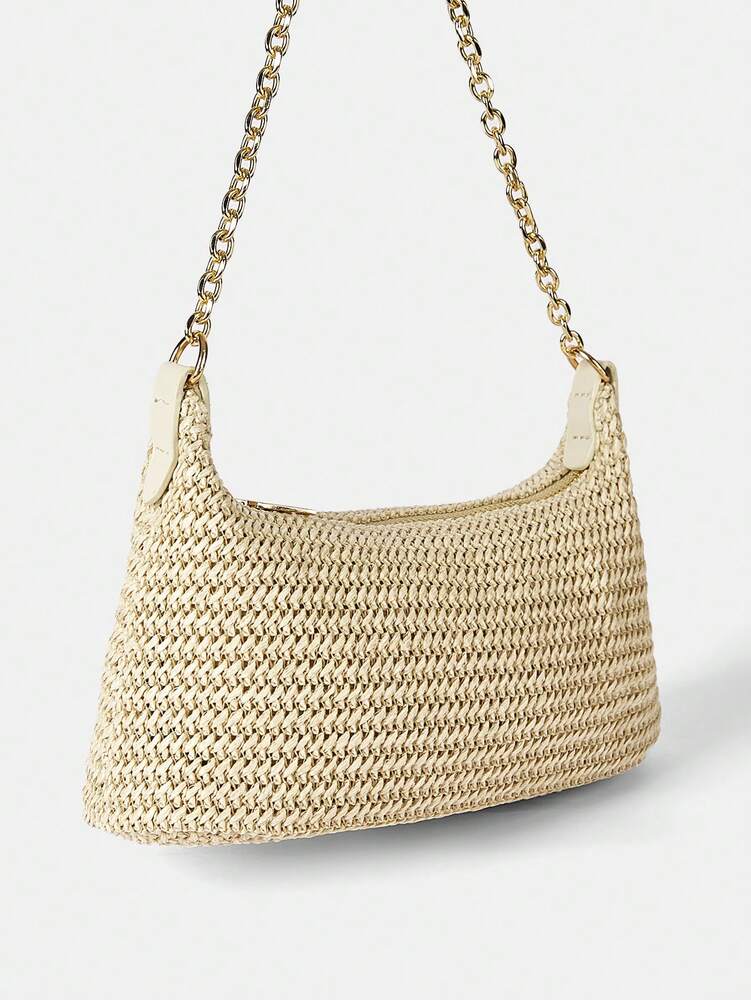 Women's Bohemian Style Braided Baguette Shoulder Bag With Thin Chain Strap Casual Vacation Shopping Fashion Daily Outfit Crossbody Purse