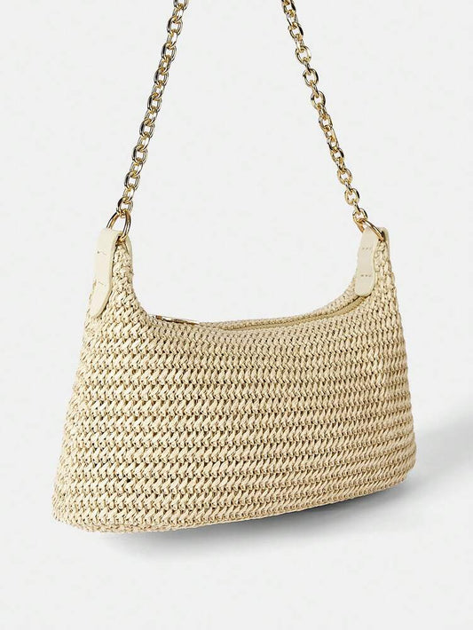 Women's Bohemian Style Braided Baguette Shoulder Bag With Thin Chain Strap Casual Vacation Shopping Fashion Daily Outfit Crossbody Purse