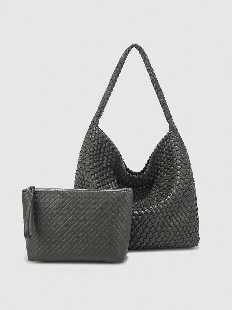 Women's Handmade Grey PU Woven Tote Bag Large Capacity Fashion Elegant Versatile Shoulder Handbag Casual Gift Mom Daily Travel Use Purse