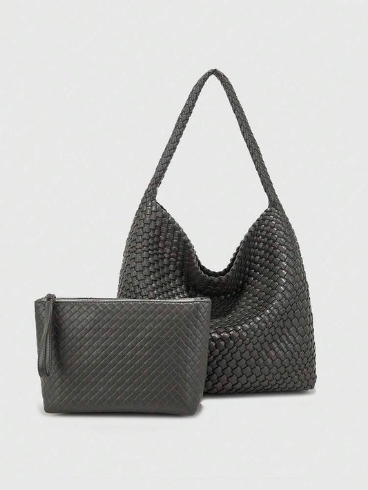Women's Handmade Grey PU Woven Tote Bag Large Capacity Fashion Elegant Versatile Shoulder Handbag Casual Gift Mom Daily Travel Use Purse