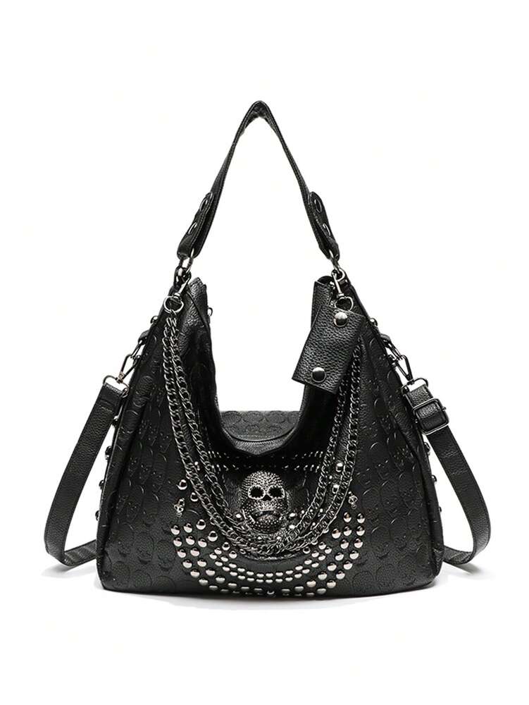 Women's Skull Rivet Decor Shoulder Handbag Alternative Gothic Style Fashion Crossbody Tote Large Capacity Casual Party Daily UK Style Bag