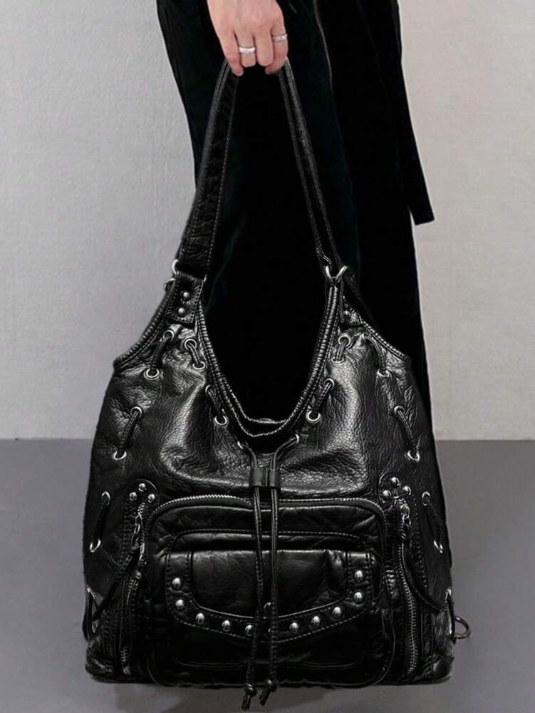 Women's Y2K Retro Motorcycle Shoulder Bag Large Capacity Multi Pocket Washed Leather Style Handbag Casual Work Commuter Party City Tote
