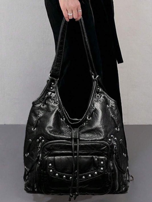 Women's Y2K Retro Motorcycle Shoulder Bag Large Capacity Multi Pocket Washed Leather Style Handbag Casual Work Commuter Party City Tote