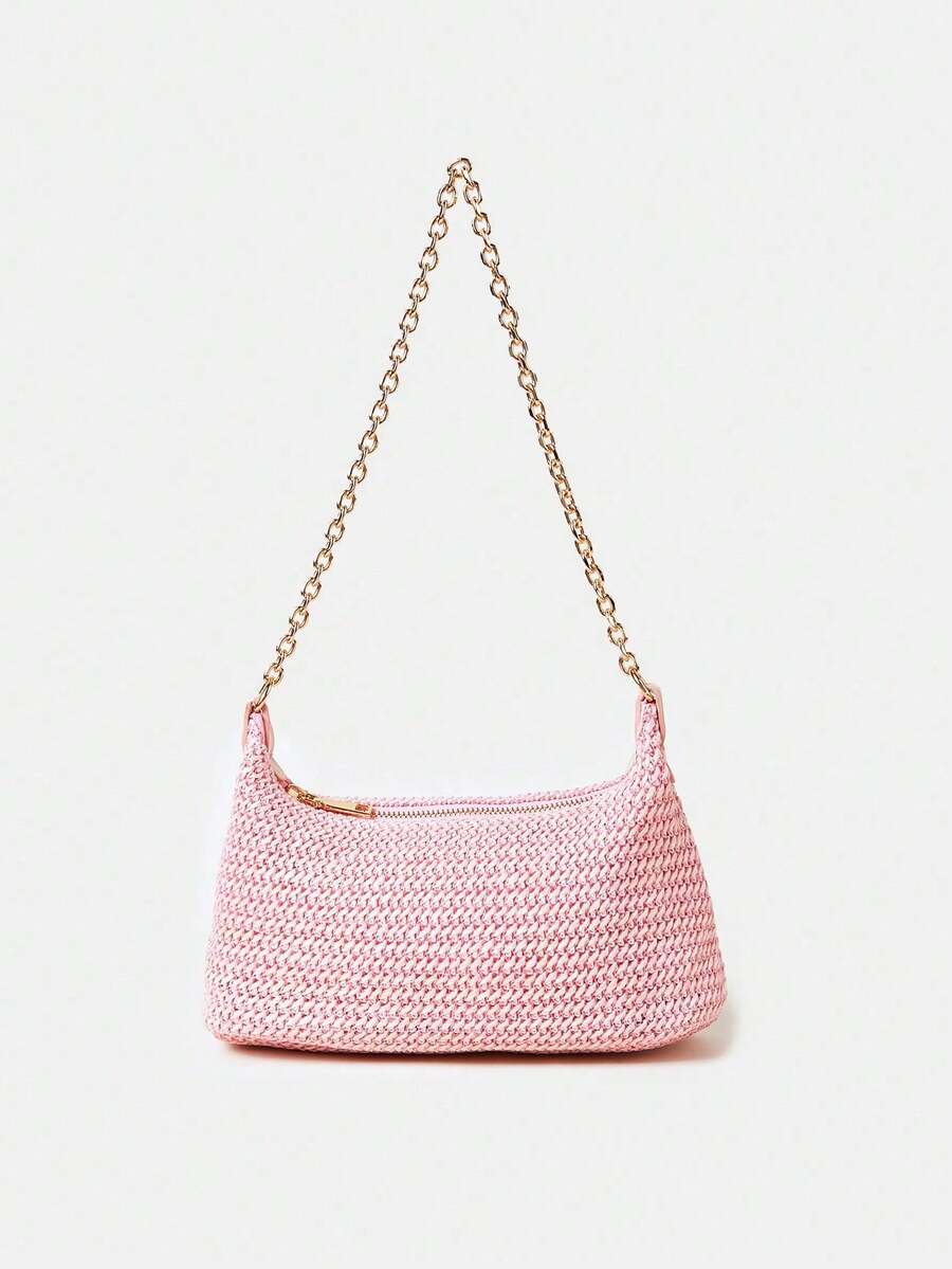 Women's Bohemian Style Braided Baguette Shoulder Bag With Thin Chain Strap Casual Vacation Shopping Fashion Daily Outfit Crossbody Purse