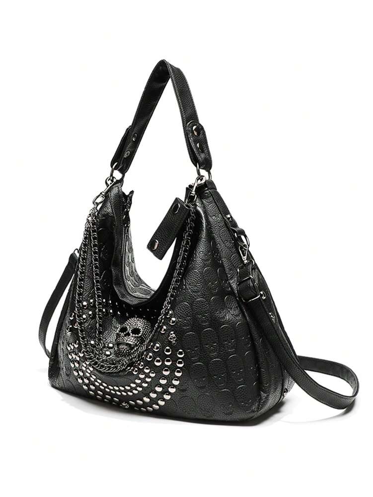 Women's Skull Rivet Decor Shoulder Handbag Alternative Gothic Style Fashion Crossbody Tote Large Capacity Casual Party Daily UK Style Bag