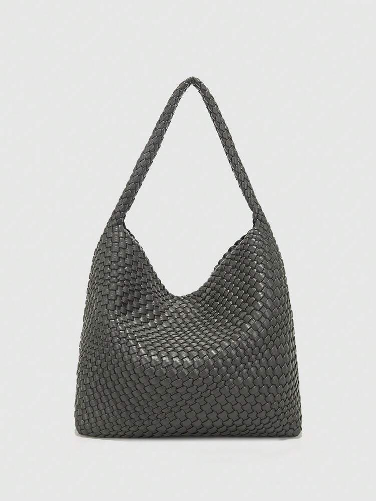 Women's Handmade Grey PU Woven Tote Bag Large Capacity Fashion Elegant Versatile Shoulder Handbag Casual Gift Mom Daily Travel Use Purse