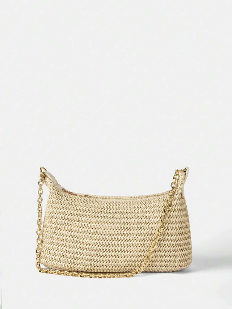 Women's Bohemian Style Braided Baguette Shoulder Bag With Thin Chain Strap Casual Vacation Shopping Fashion Daily Outfit Crossbody Purse