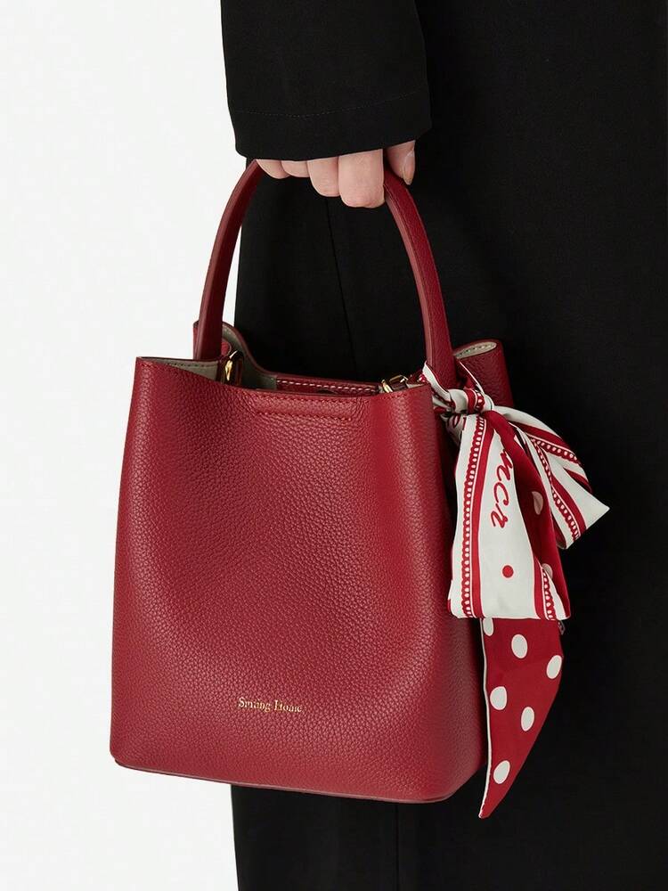 Women's Solid Color Cowhide Leather Bucket Bag With Silk Scarf Large Capacity Fashion Tote Handbag Work Business Commute Dating Purse