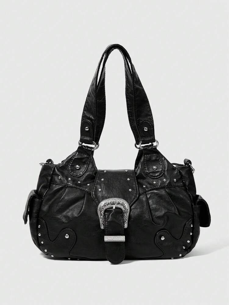 Women's Punk Rivet Decor PU Leather Shoulder Bag Grunge Motorcycle Style Fashion Handbag Casual Streetwear Work Party Daily Crossbody