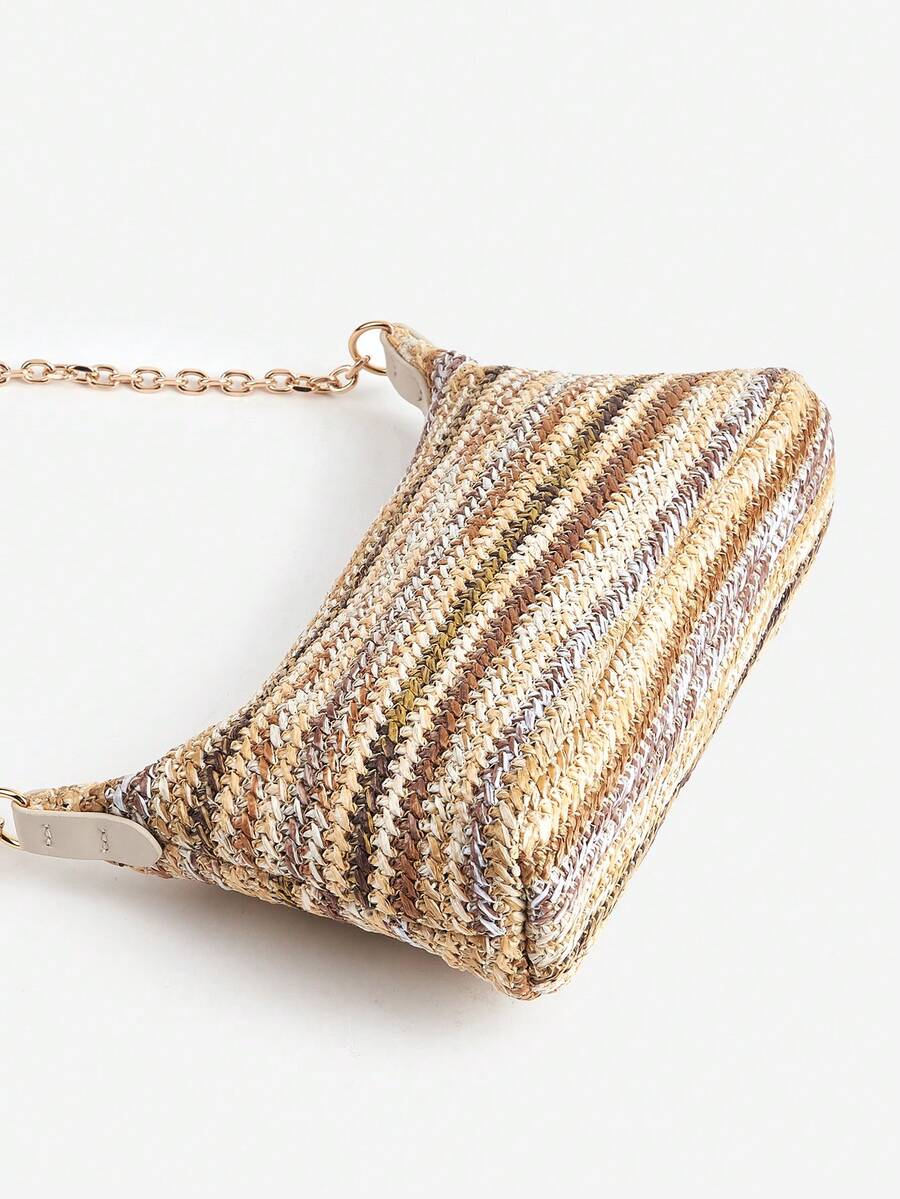 Women's Bohemian Style Braided Baguette Shoulder Bag With Thin Chain Strap Casual Vacation Shopping Fashion Daily Outfit Crossbody Purse