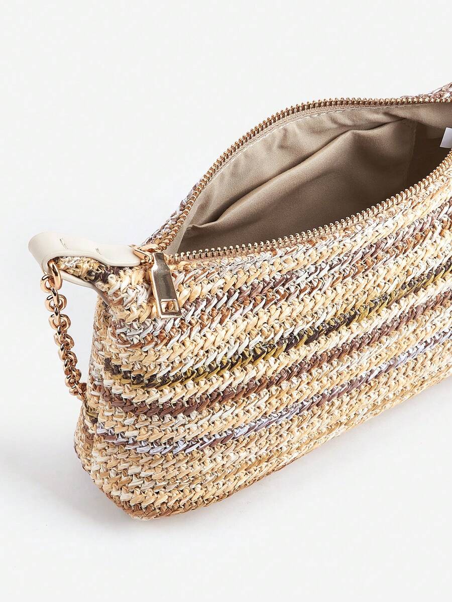 Women's Bohemian Style Braided Baguette Shoulder Bag With Thin Chain Strap Casual Vacation Shopping Fashion Daily Outfit Crossbody Purse