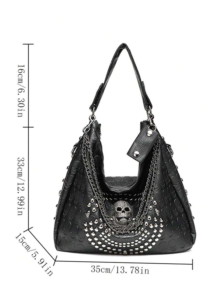 Women's Skull Rivet Decor Shoulder Handbag Alternative Gothic Style Fashion Crossbody Tote Large Capacity Casual Party Daily UK Style Bag