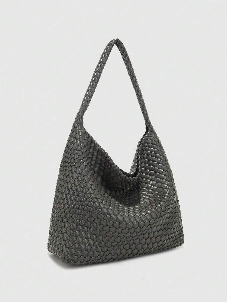 Women's Handmade Grey PU Woven Tote Bag Large Capacity Fashion Elegant Versatile Shoulder Handbag Casual Gift Mom Daily Travel Use Purse