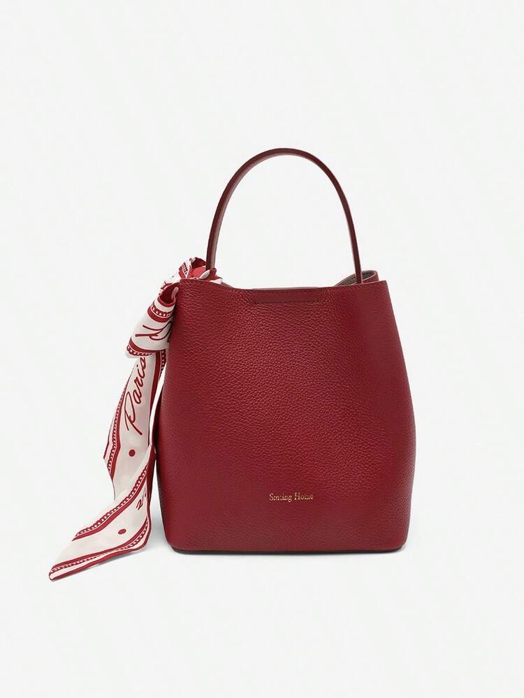 Women's Solid Color Cowhide Leather Bucket Bag With Silk Scarf Large Capacity Fashion Tote Handbag Work Business Commute Dating Purse