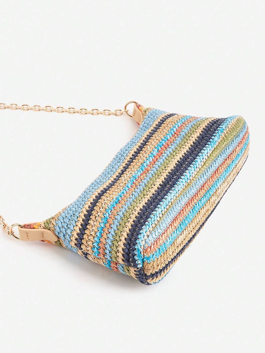 Women's Bohemian Style Braided Baguette Shoulder Bag With Thin Chain Strap Casual Vacation Shopping Fashion Daily Outfit Crossbody Purse