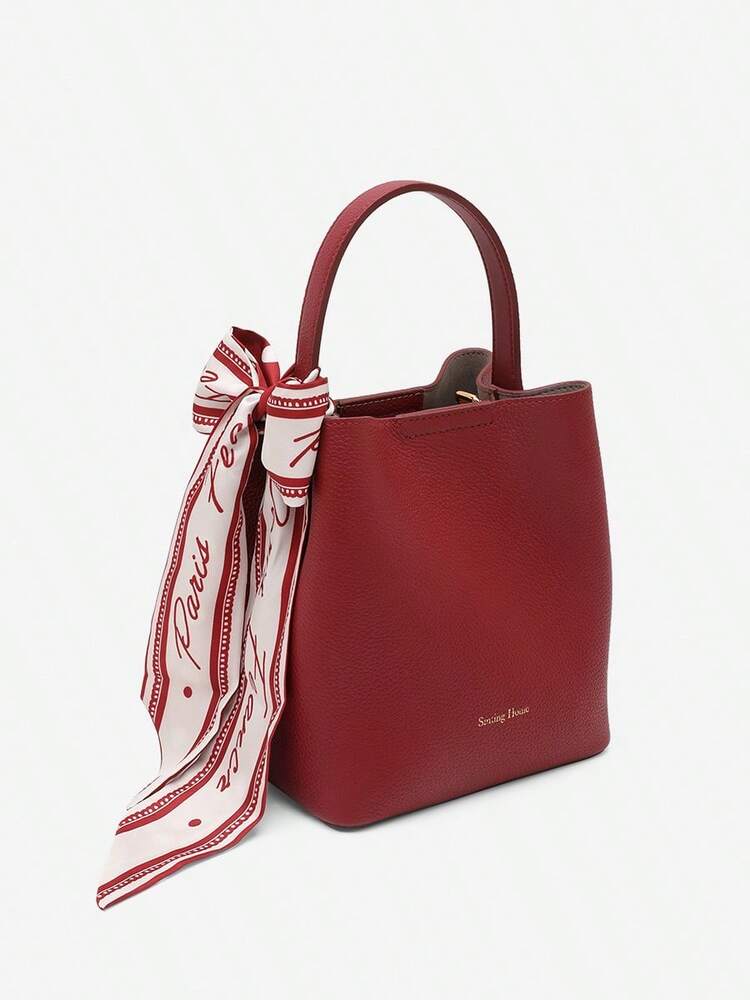Women's Solid Color Cowhide Leather Bucket Bag With Silk Scarf Large Capacity Fashion Tote Handbag Work Business Commute Dating Purse