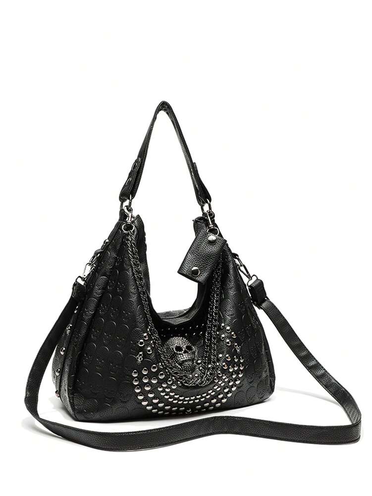 Women's Skull Rivet Decor Shoulder Handbag Alternative Gothic Style Fashion Crossbody Tote Large Capacity Casual Party Daily UK Style Bag