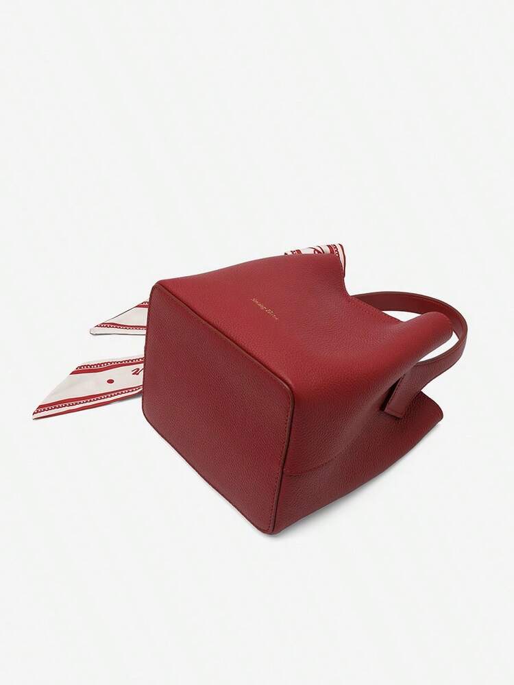 Women's Solid Color Cowhide Leather Bucket Bag With Silk Scarf Large Capacity Fashion Tote Handbag Work Business Commute Dating Purse