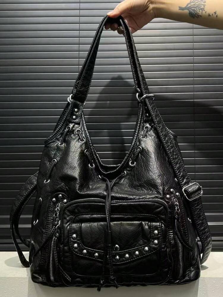 Women's Y2K Retro Motorcycle Shoulder Bag Large Capacity Multi Pocket Washed Leather Style Handbag Casual Work Commuter Party City Tote