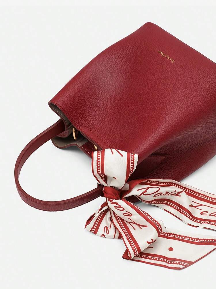 Women's Solid Color Cowhide Leather Bucket Bag With Silk Scarf Large Capacity Fashion Tote Handbag Work Business Commute Dating Purse