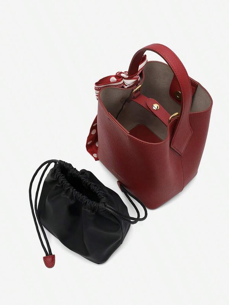Women's Solid Color Cowhide Leather Bucket Bag With Silk Scarf Large Capacity Fashion Tote Handbag Work Business Commute Dating Purse