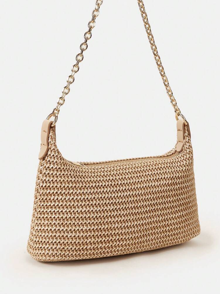 Women's Bohemian Style Braided Baguette Shoulder Bag With Thin Chain Strap Casual Vacation Shopping Fashion Daily Outfit Crossbody Purse