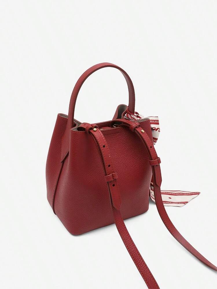Women's Solid Color Cowhide Leather Bucket Bag With Silk Scarf Large Capacity Fashion Tote Handbag Work Business Commute Dating Purse