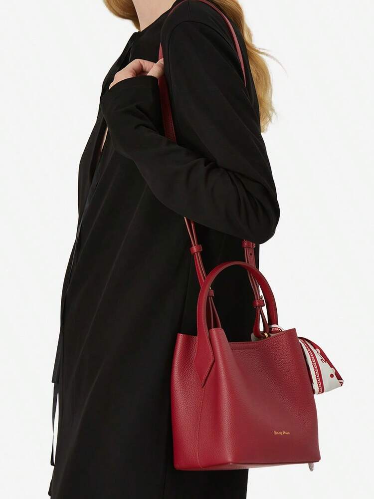 Women's Solid Color Cowhide Leather Bucket Bag With Silk Scarf Large Capacity Fashion Tote Handbag Work Business Commute Dating Purse